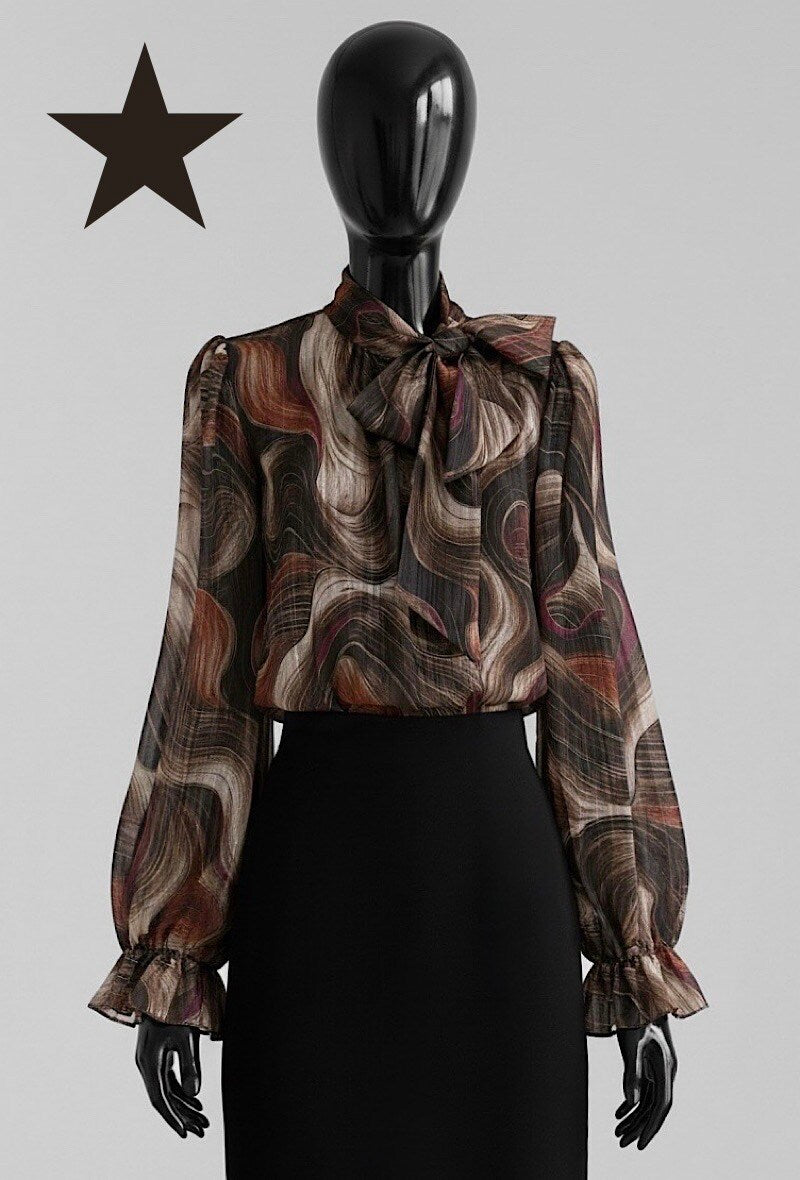 ES135 Dark Brown Abstract Print Blouse