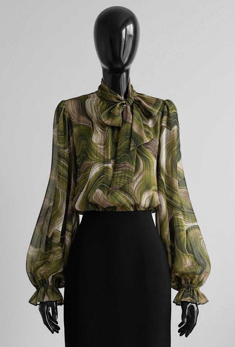 ES133 Olive Abstract Print Blouse
