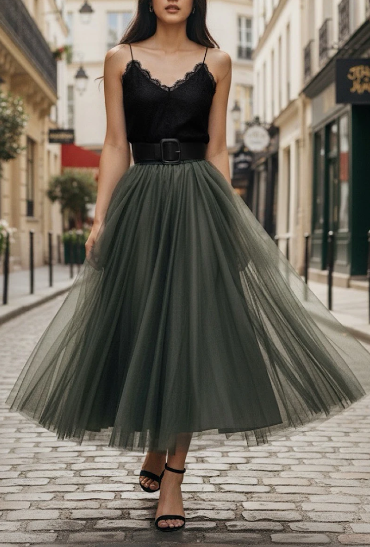 ESSMDO One Size Olive Italian Tulle Midi Skirt
