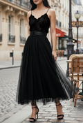 ESSMDBK One Size Black Italian Tulle Midi Skirt