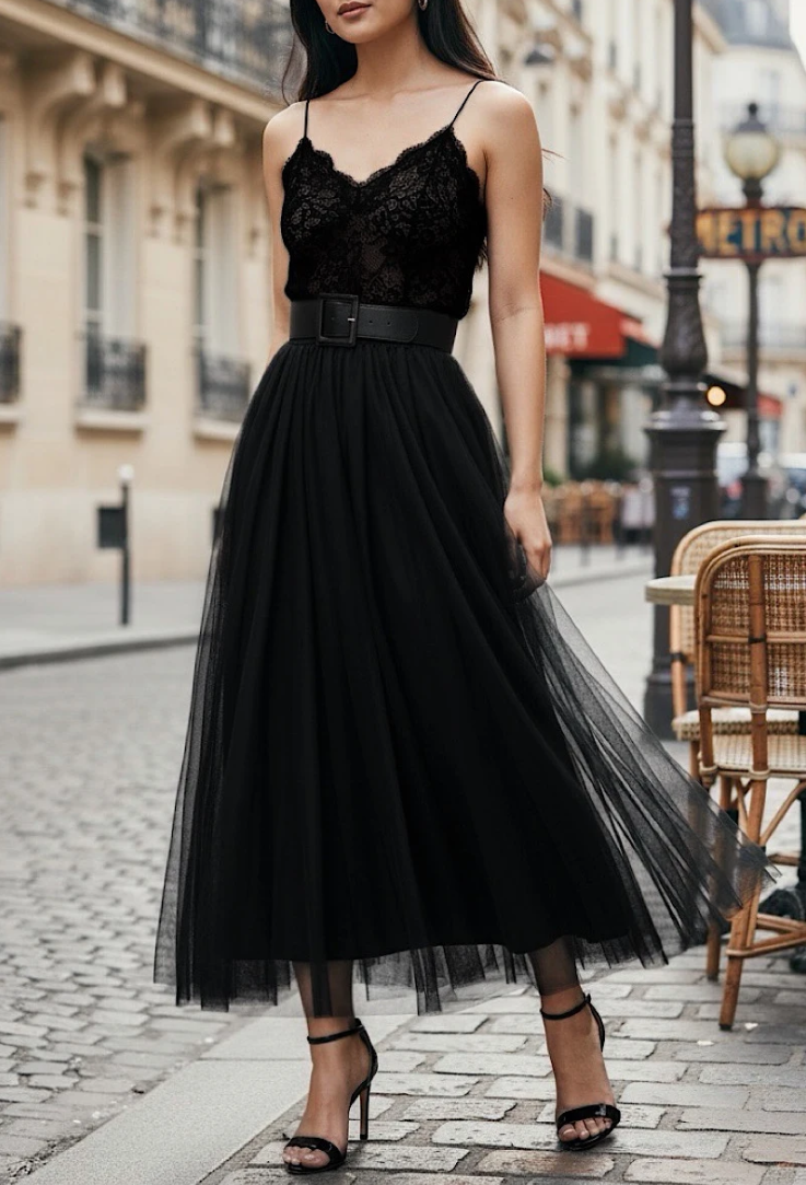ESSMDBK One Size Black Italian Tulle Midi Skirt