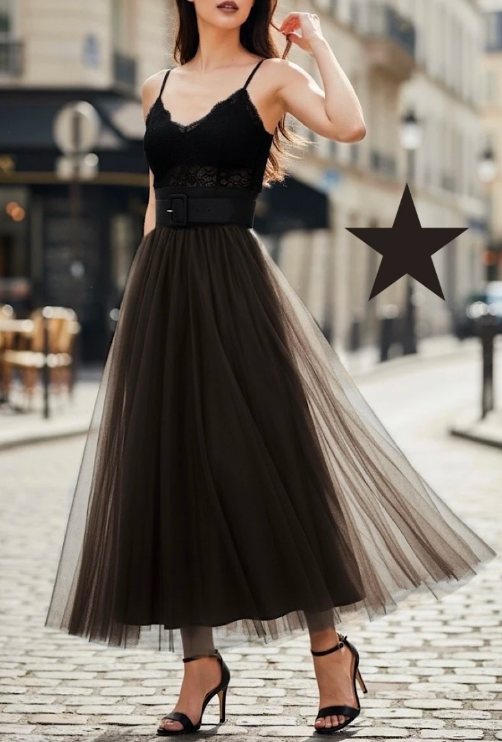 ESSMDCH One Size Chocolate Italian Tulle Midi Skirt