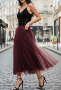 ESSMDBU One Size Burgundy Italian Tulle Midi Skirt
