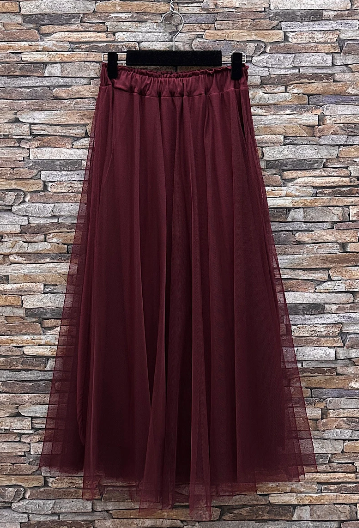 ESSMDBU One Size Burgundy Italian Tulle Midi Skirt