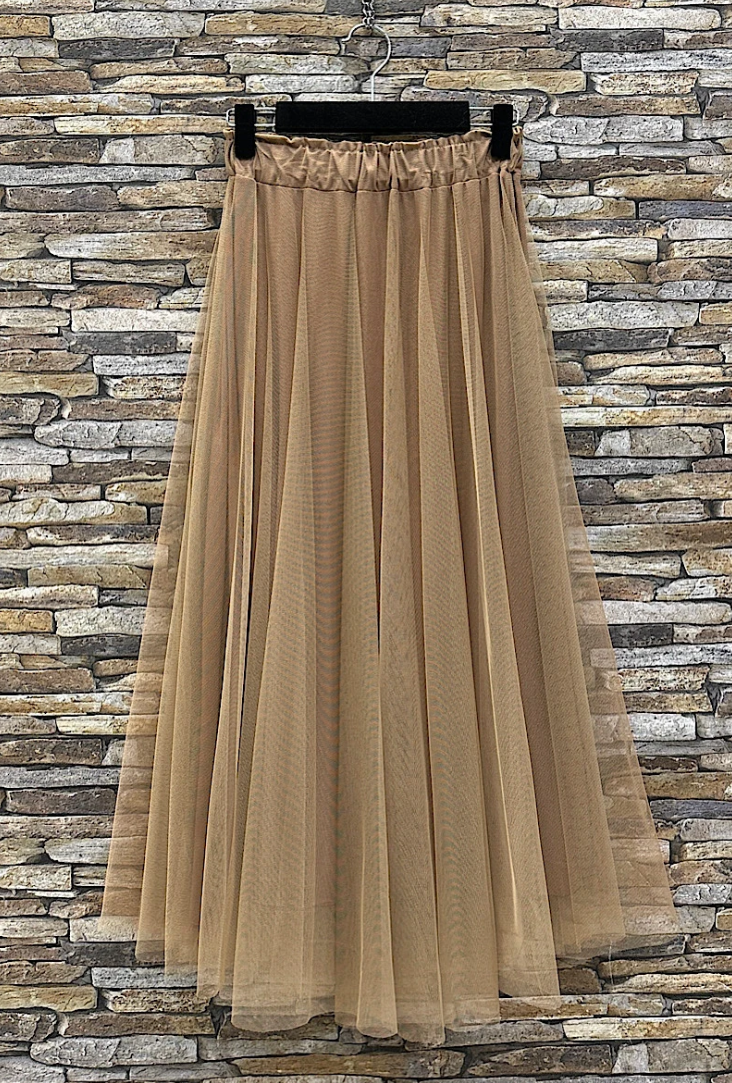 ESSMDLB One Size Light Beige Italian Tulle Midi Skirt