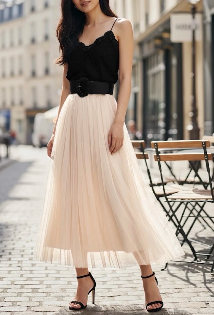 ESSMDIV One Size Ivory Italian Tulle Midi Skirt