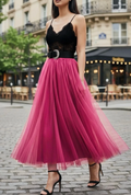 ESSMDFU One Size Fuchsia Italian Tulle Midi Skirt