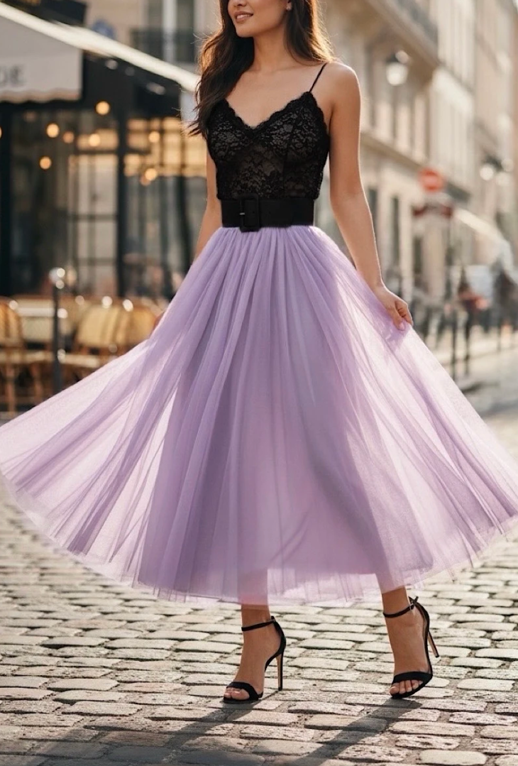 ESSMDLA One Size Lavender Italian Tulle Midi Skirt
