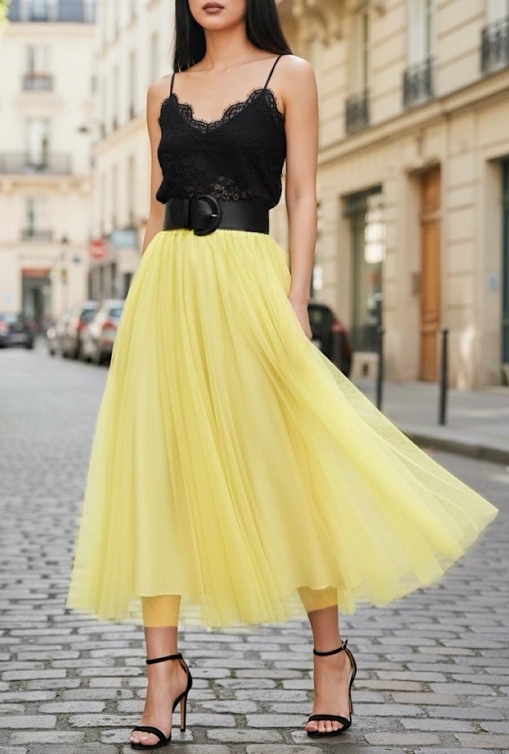 ESSMDYE One Size Yellow Italian Tulle Midi Skirt
