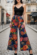 ESSWLFLNA Italian OS Navy Floral Satin-Effect Wide-Leg Pants