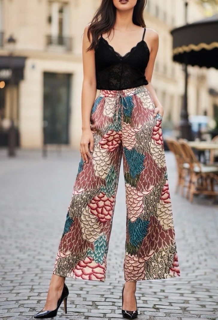 ESSWLFLPK Italian One Size Pink Floral Wide-Leg Pants