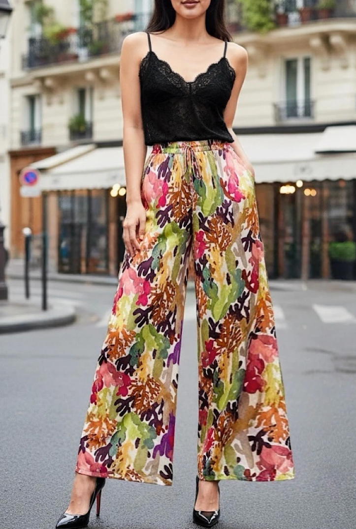 ESSWLALP Italian OS Abstract Leaf Print Wide-Leg Pants