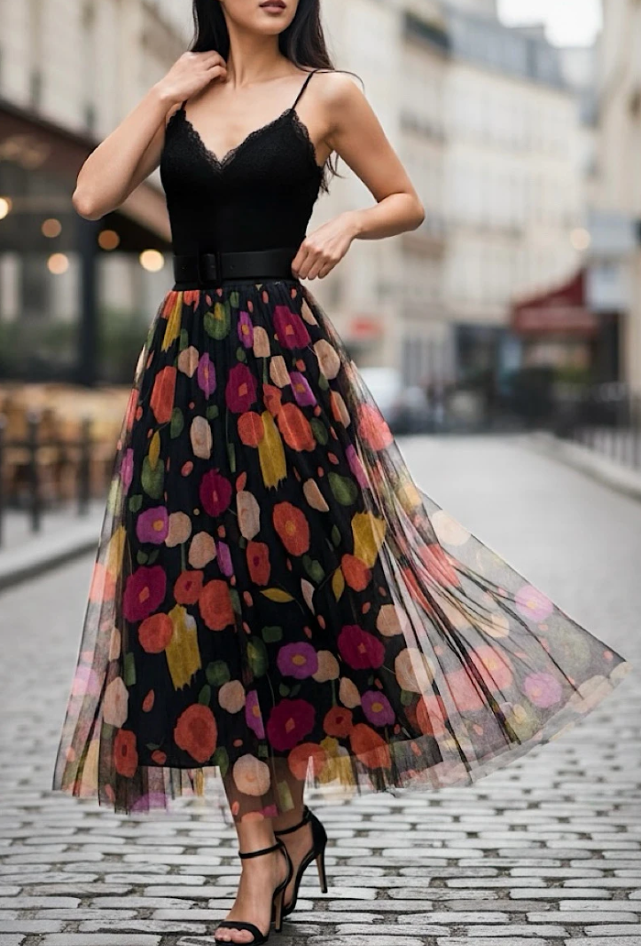 ESFMSBK Italian Black Floral Tulle Midi Skirt