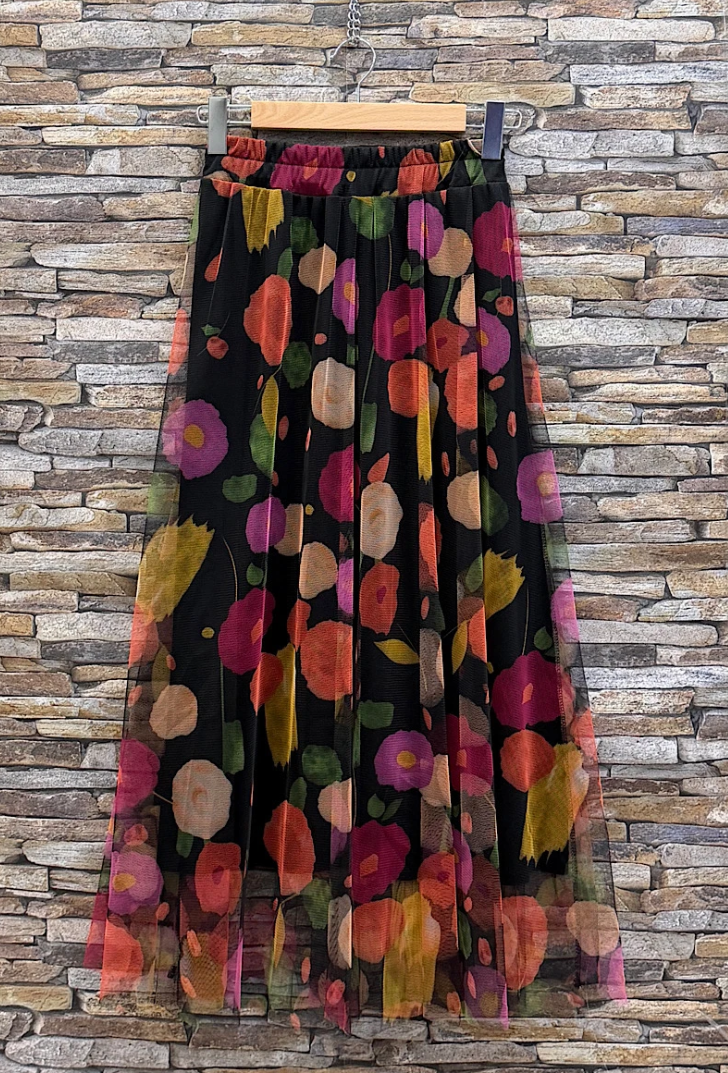 ESFMSBK Italian Black Floral Tulle Midi Skirt