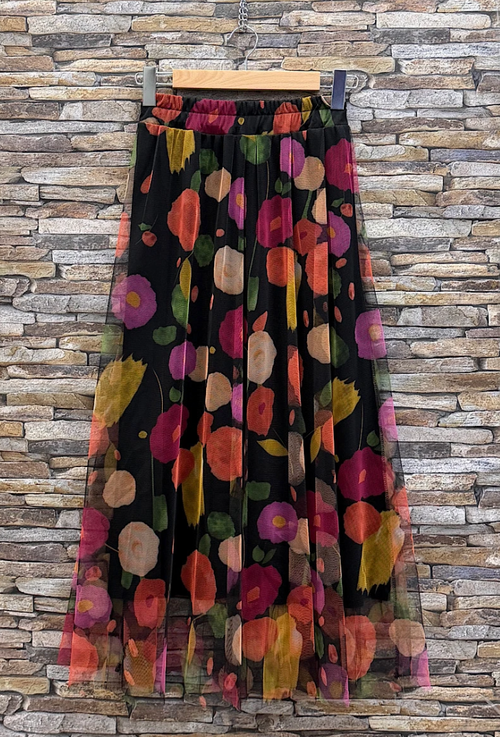 ESFMSBK Italian Black Floral Tulle Midi Skirt