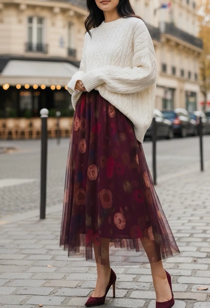 ESFMSBU Italian Burgundy Sheer Floral Midi Skirt