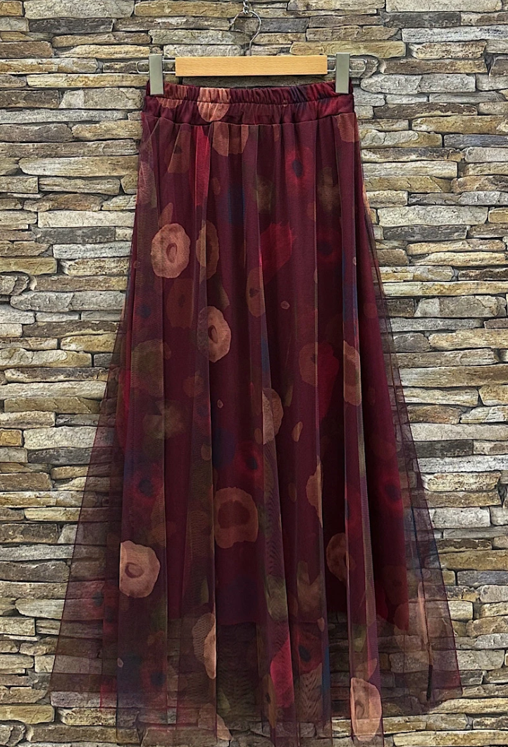 ESFMSBU Italian Burgundy Sheer Floral Midi Skirt