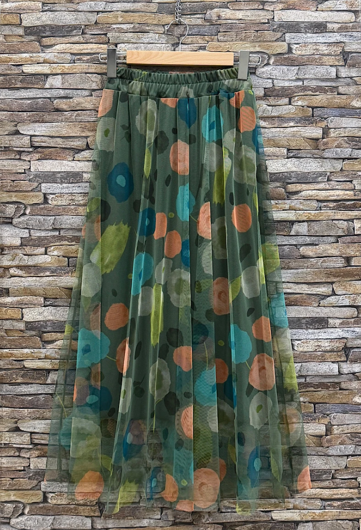 ESFMSOG Italian Olive Green Floral Midi Skirt
