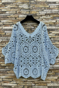 ESCRCLB OS Light Blue Crochet Cotton Poncho Top