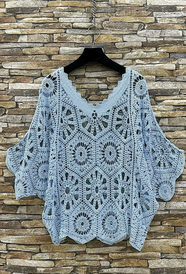 ESCRCLB OS Light Blue Crochet Cotton Poncho Top