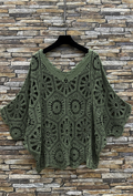 ESCRCOL OS Olive Crochet Cotton Poncho Top