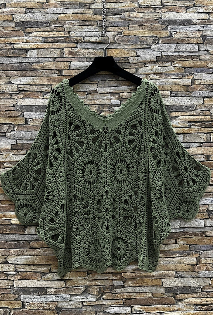 ESCRCOL OS Olive Crochet Cotton Poncho Top