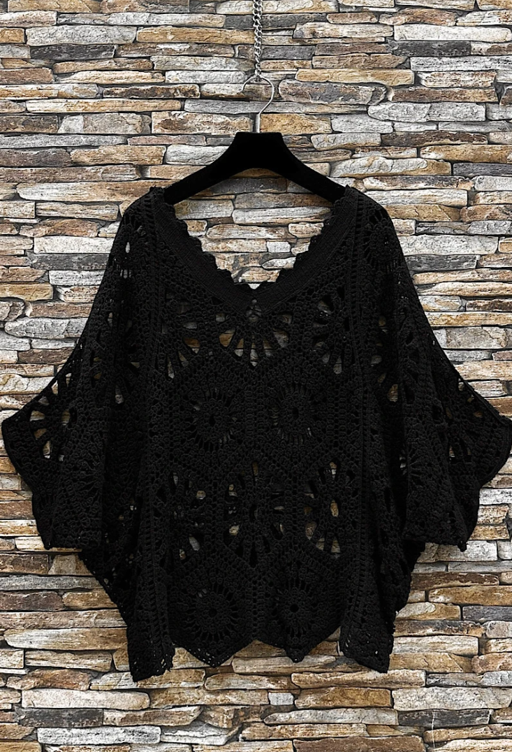 ESCRCBK OS Black Crochet Cotton Poncho Top