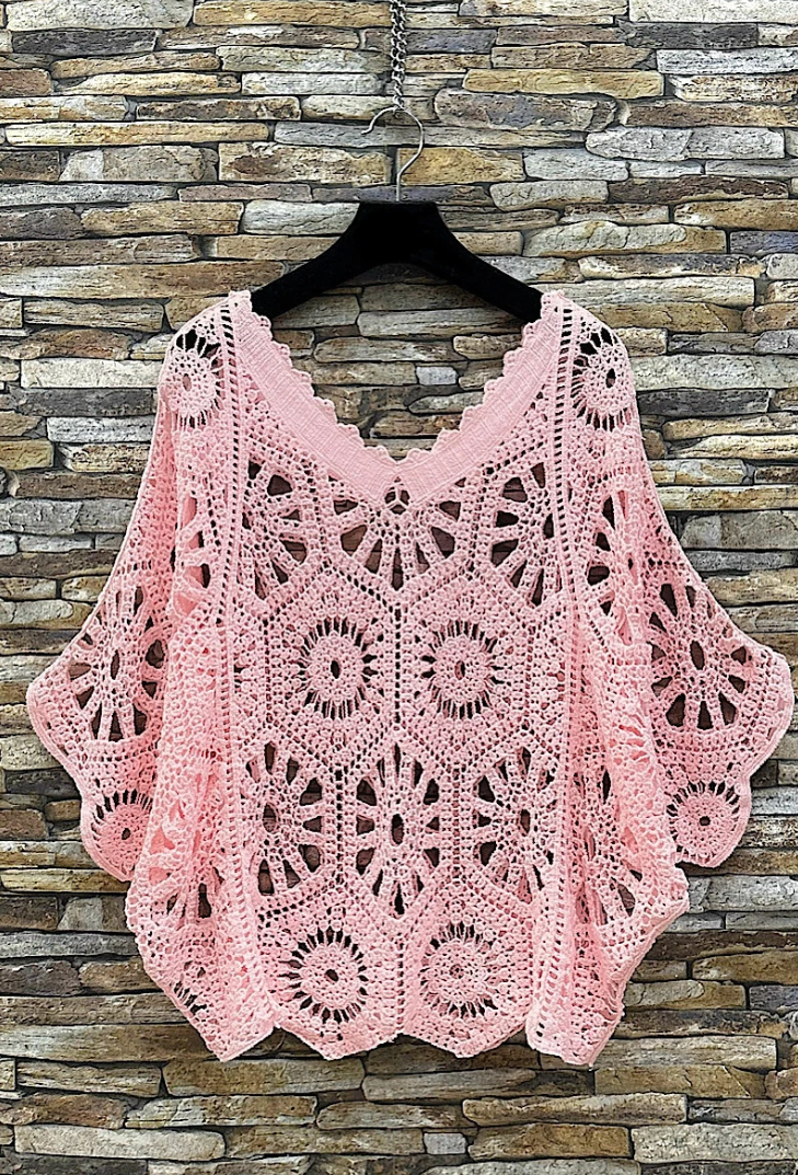 ESCRCLP OS Light Pink Crochet Cotton Poncho Top