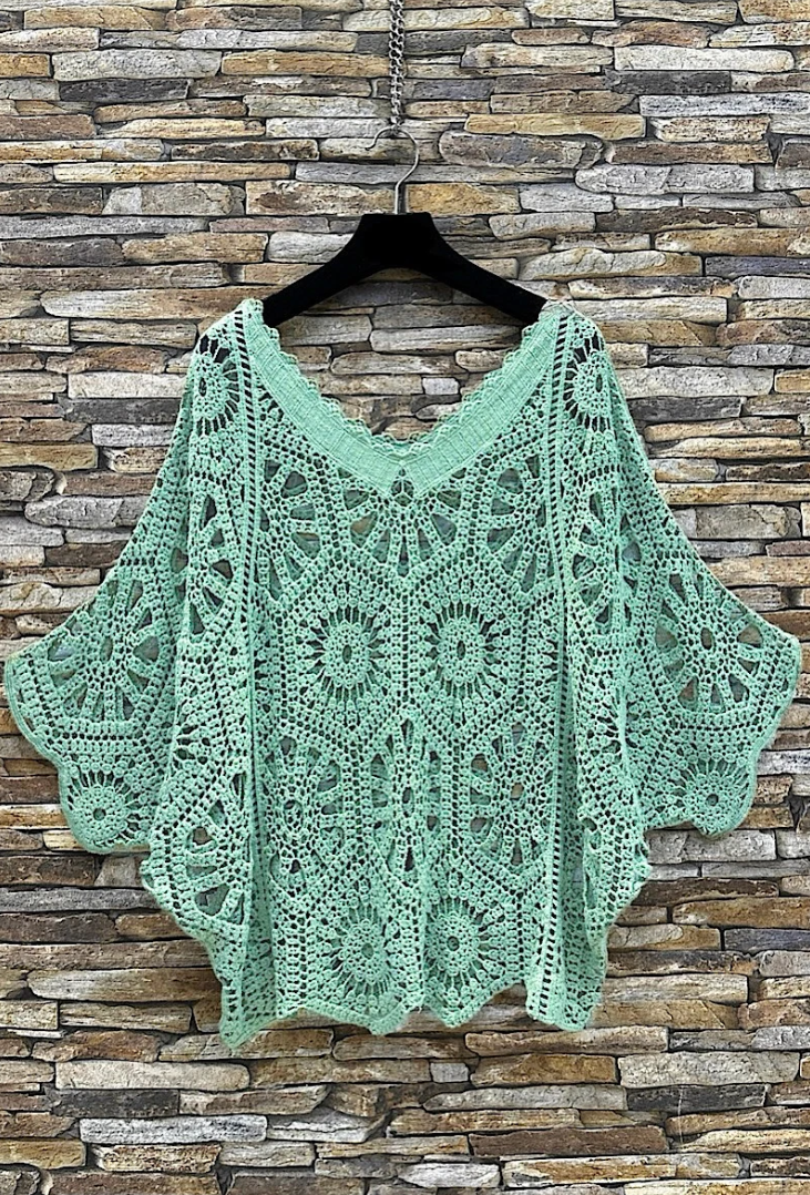 ESCRCMG OS Mint Green Crochet Cotton Poncho Top