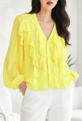 ESBCLY Italian OS Lemon Yellow Ruffle V-Neck Blouse