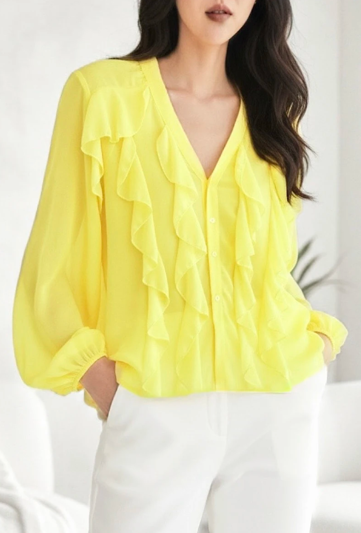 ESBCLY Italian OS Lemon Yellow Ruffle V-Neck Blouse