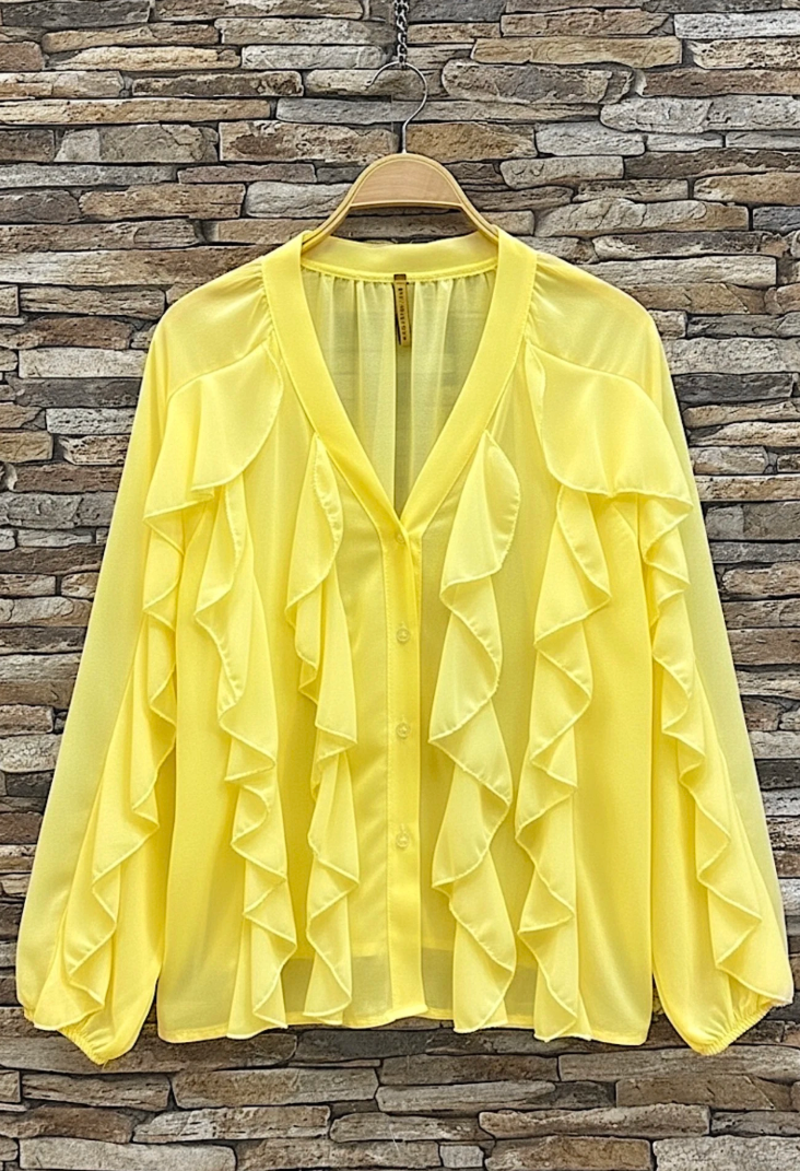 ESBCLY Italian OS Lemon Yellow Ruffle V-Neck Blouse