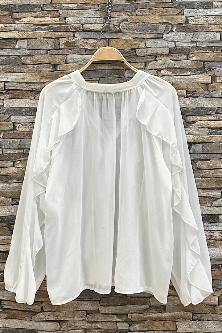 ESBCOW Italian OS Off-White Ruffle V-Neck Blouse