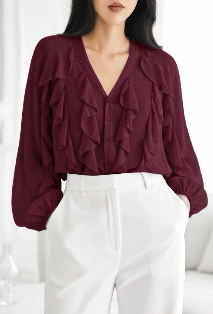ESBCBU Italian OS Burgundy Ruffle V-Neck Blouse