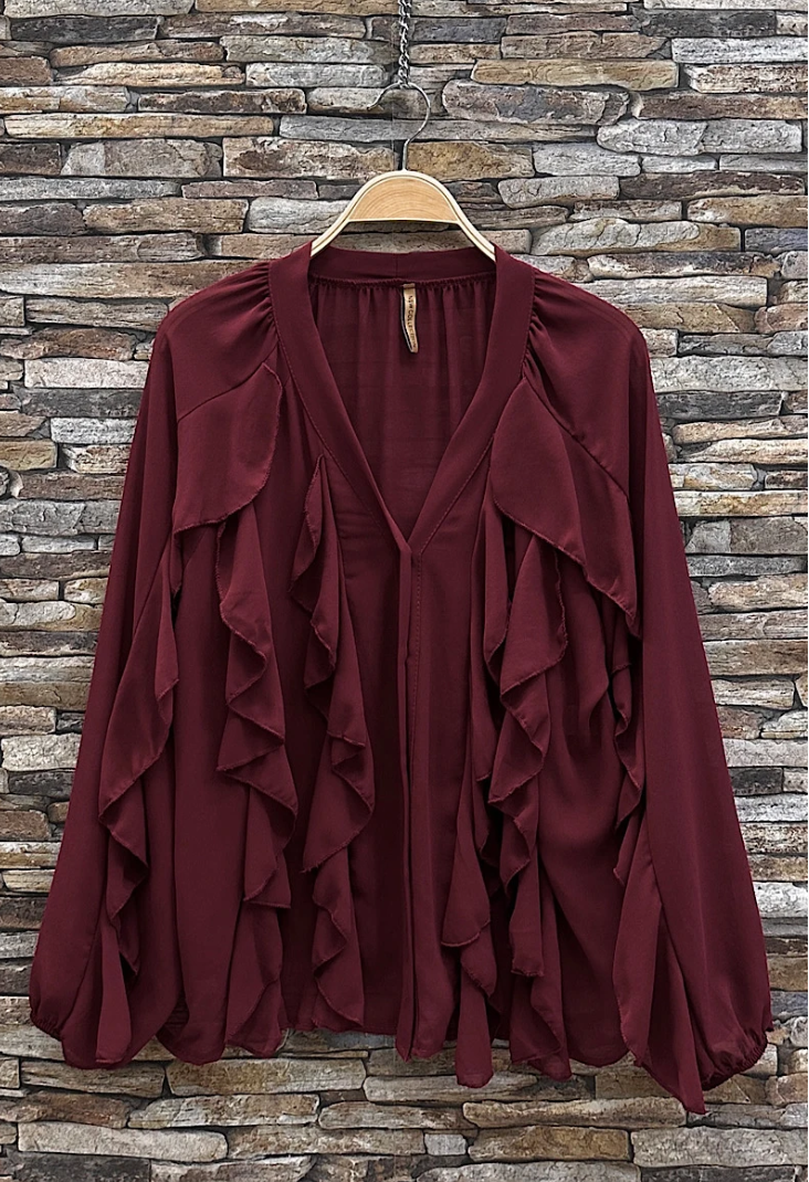 ESBCBU Italian OS Burgundy Ruffle V-Neck Blouse