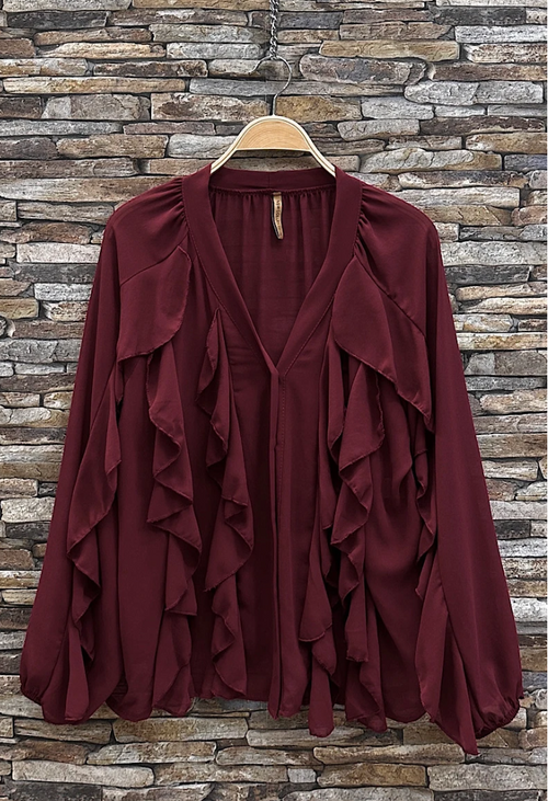 ESBCBU Italian OS Burgundy Ruffle V-Neck Blouse