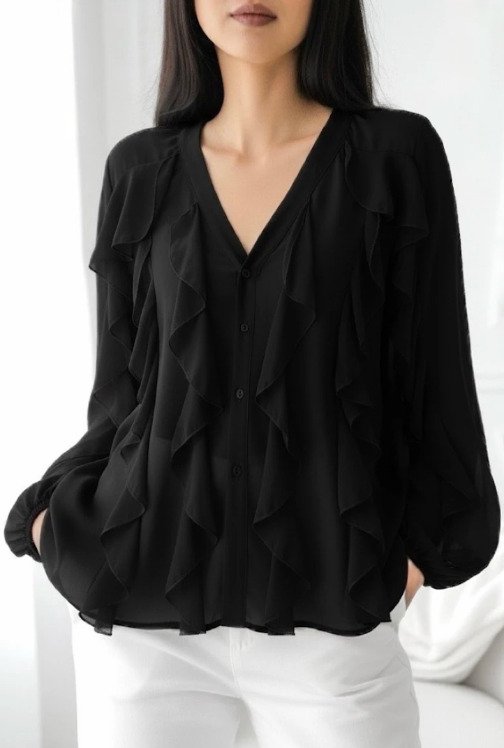 ESBCBK Italian OS Black Ruffle V-Neck Blouse