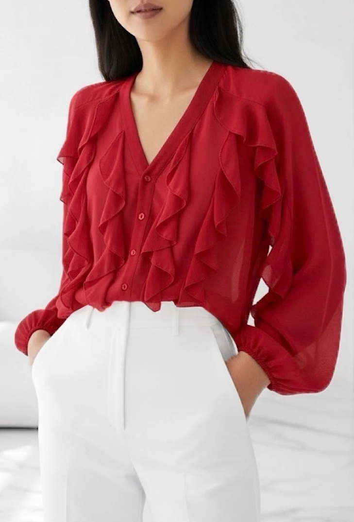 ESBCR Italian OS Red Ruffle V-Neck Blouse