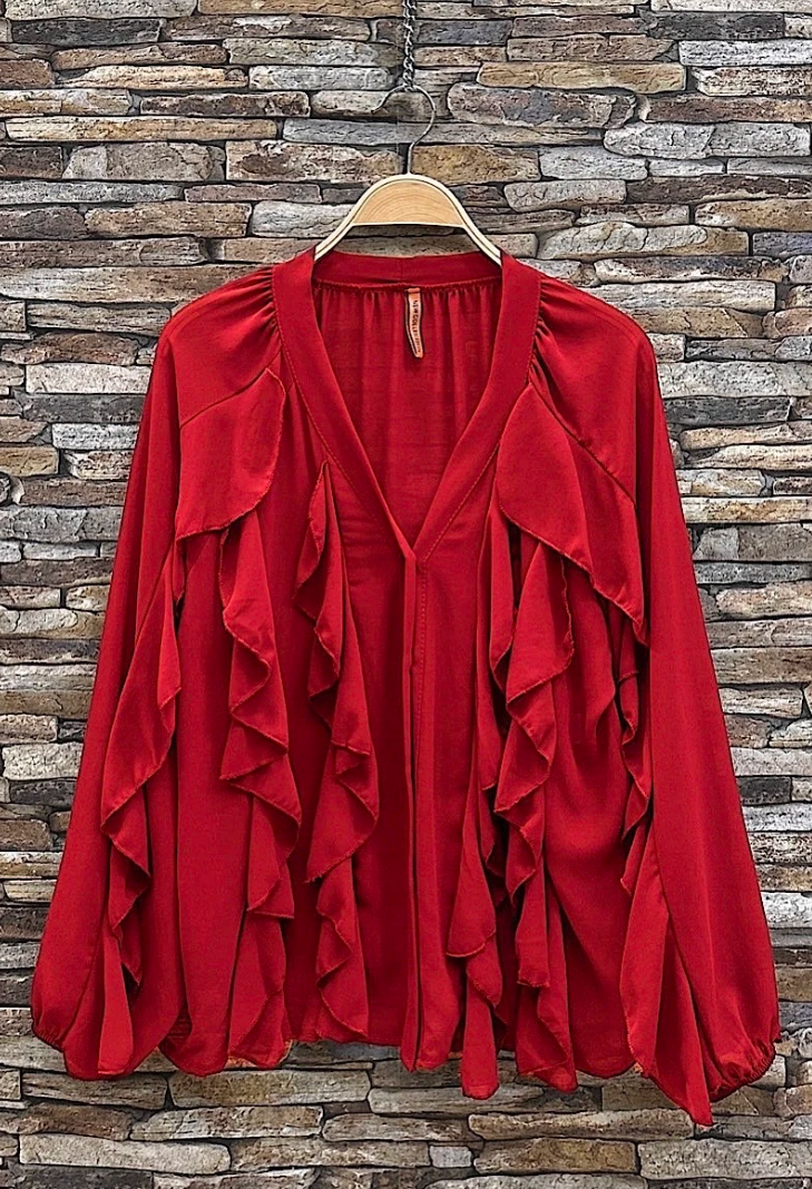 ESBCR Italian OS Red Ruffle V-Neck Blouse