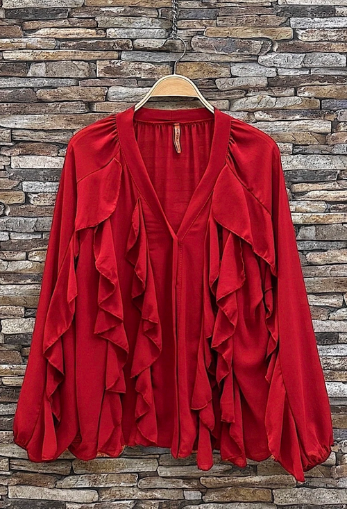 ESBCR Italian OS Red Ruffle V-Neck Blouse