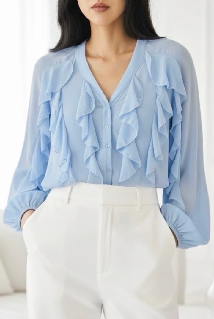 ESBCLB Italian OS Light Blue Ruffle V-Neck Blouse