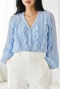 ESBCLB Italian OS Light Blue Ruffle V-Neck Blouse