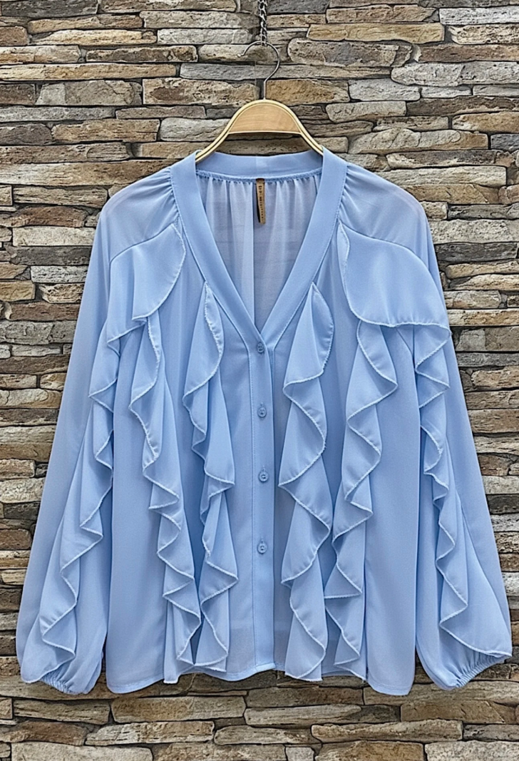 ESBCLB Italian OS Light Blue Ruffle V-Neck Blouse