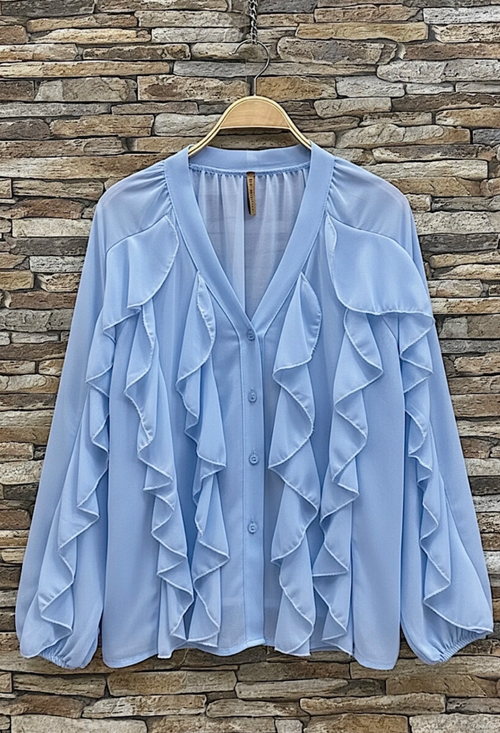 ESBCLB Italian OS Light Blue Ruffle V-Neck Blouse