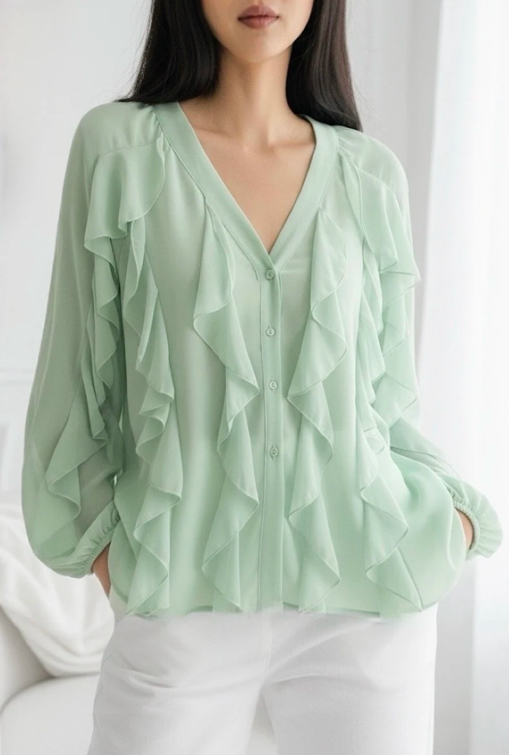 ESBCSG Italian OS Sage Green Ruffle V-Neck Blouse