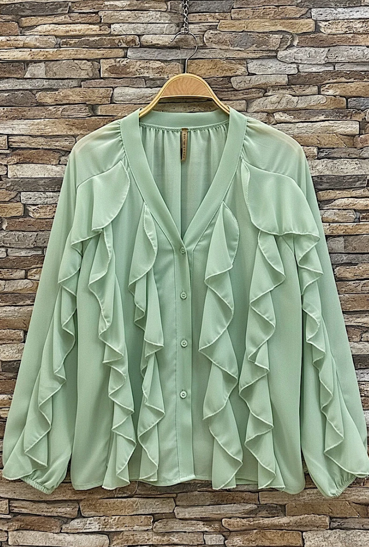 ESBCSG Italian OS Sage Green Ruffle V-Neck Blouse