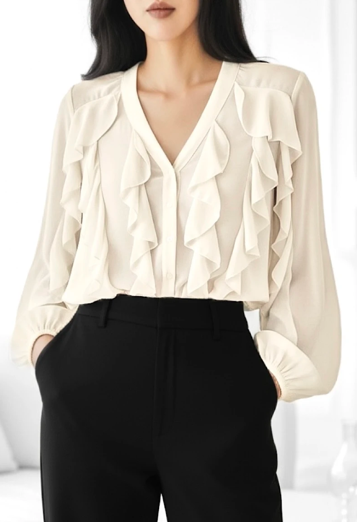 ESBCBE Italian OS Beige Ruffle V-Neck Blouse