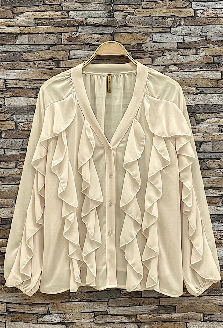 ESBCBE Italian OS Beige Ruffle V-Neck Blouse