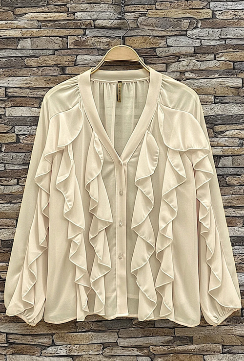 ESBCBE Italian OS Beige Ruffle V-Neck Blouse