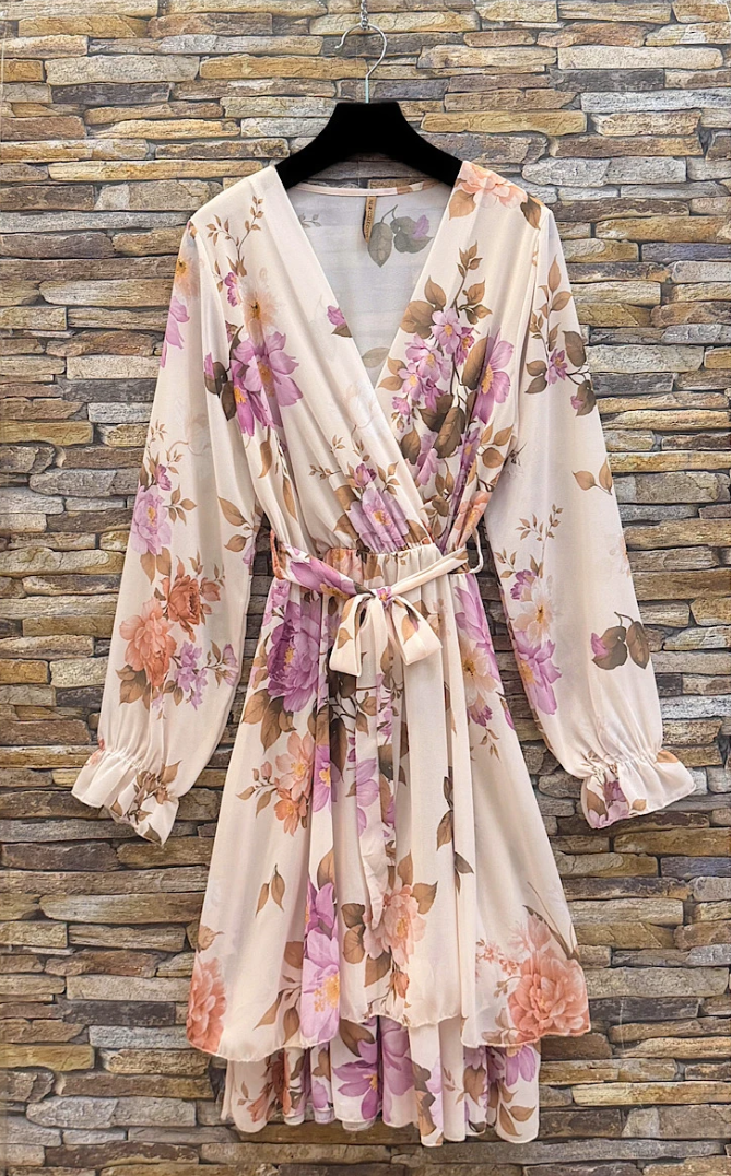 ESWMDBE Italian OS Beige Floral Wrap Mini Dress